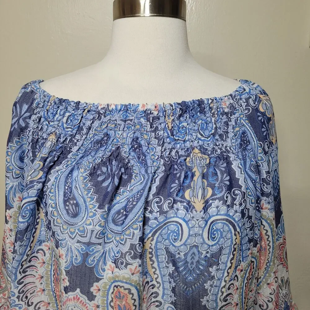 Zac & Rachel Women's Blue Paisley Blouse Top 3/4 Bell Sleeve Off Shoulder Medium - Picture 4 of 9